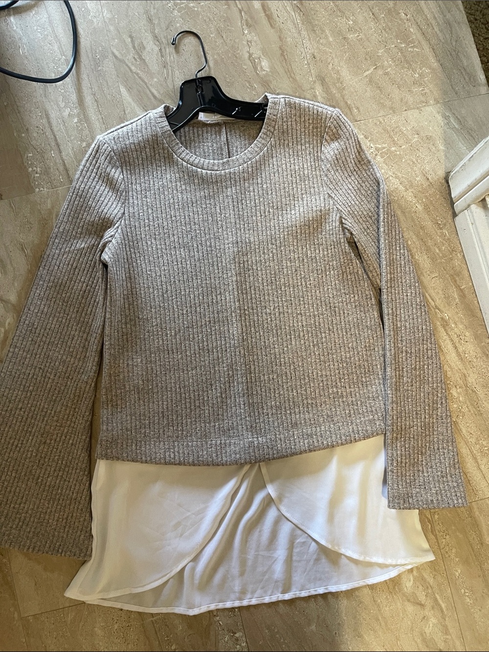 BCBGeneration Gray Ribbed Sweater with White Layered Hem Detail